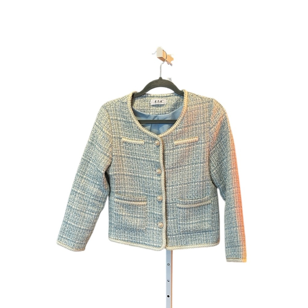 Women's Blue Tweed Jacket with gold and silver accents